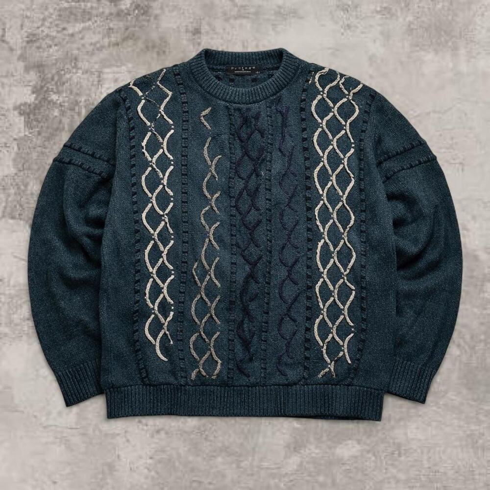 Protege USA Sweater Green Beige Coogi Style Cable Knit Jumper L Cotton Boreal